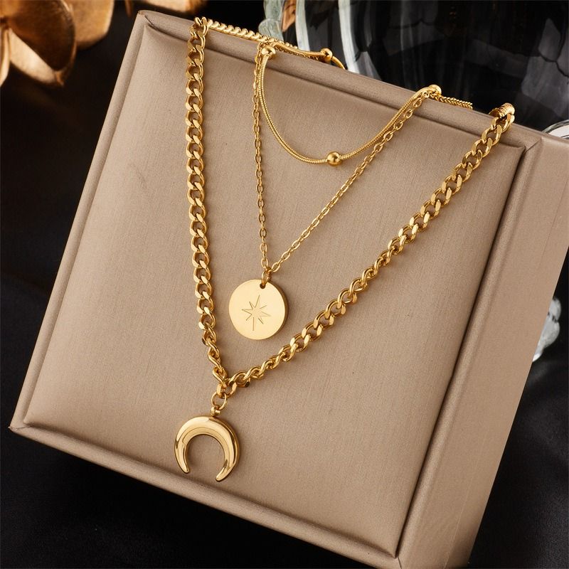 Three-Tier Layered Star and Moon Round Pendant Necklace: 18K Gold-Plated Titanium Steel Collar Necklace for Women