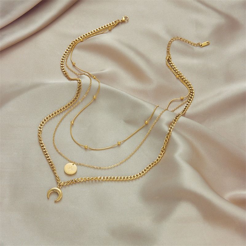 Three-Tier Layered Star and Moon Round Pendant Necklace: 18K Gold-Plated Titanium Steel Collar Necklace for Women