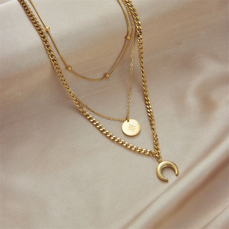 Three-Tier Layered Star and Moon Round Pendant Necklace: 18K Gold-Plated Titanium Steel Collar Necklace for Women