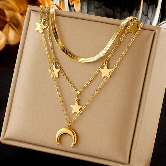 Triple-strand Star and Moon Titanium and Steel Necklace, 18K Gold-Plated Collar Chain, Women's Snake-Chain Jewelry
