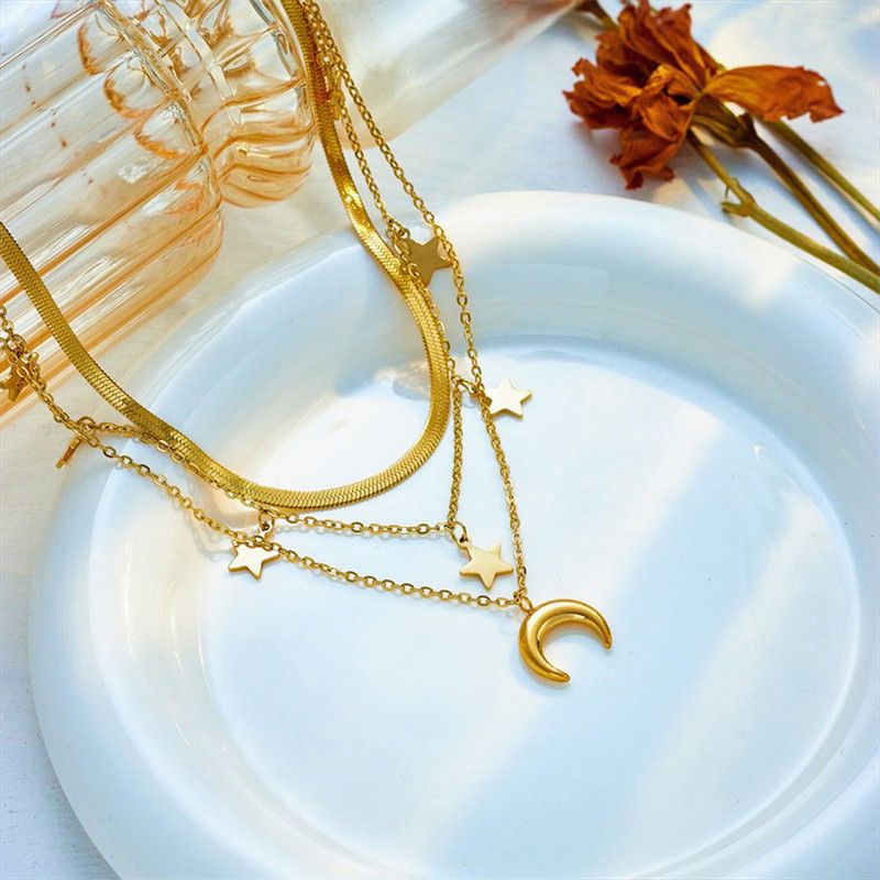 Triple-strand Star and Moon Titanium and Steel Necklace, 18K Gold-Plated Collar Chain, Women's Snake-Chain Jewelry