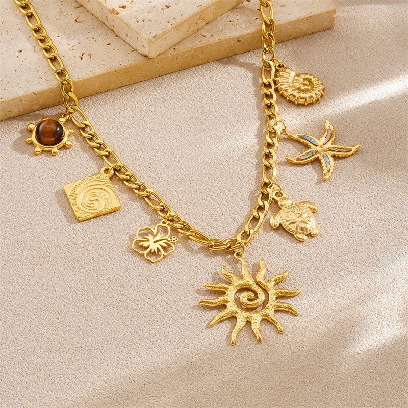Ocean-themed multi-pendant necklace, gold-plated titanium steel choker, women's vacation-inspired fashion necklace