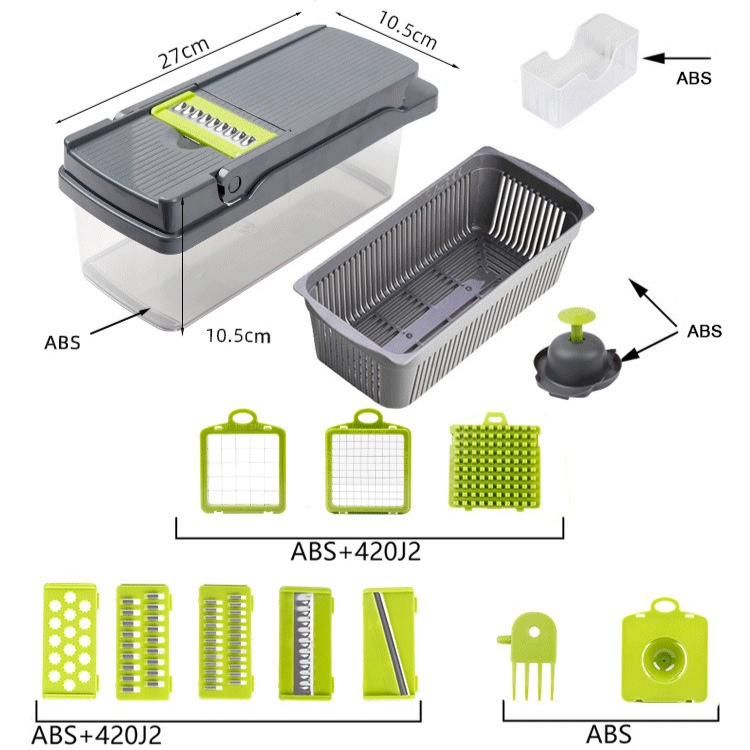 Kitchen Vegetable Slicer and Dicer, 15-Piece Set with Container, Safety Guard, Drain Basket, and Storage Box—Orange