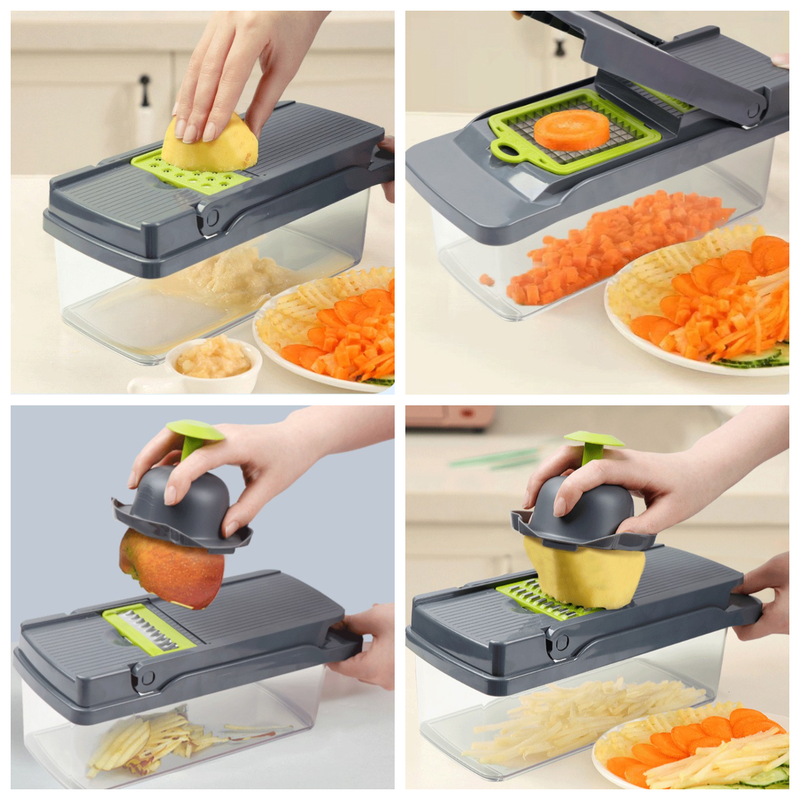 Kitchen Vegetable Slicer and Dicer, 15-Piece Set with Container, Safety Guard, Drain Basket, and Storage Box—Orange
