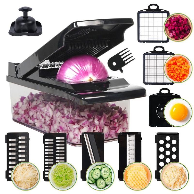 Kitchen Vegetable Slicer and Dicer, 15-Piece Set with Container, Safety Guard, Drain Basket, and Storage Box—Black