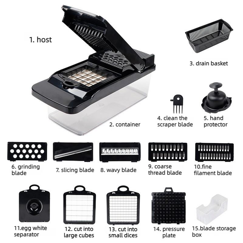 Kitchen Vegetable Slicer and Dicer, 15-Piece Set with Container, Safety Guard, Drain Basket, and Storage Box—Black