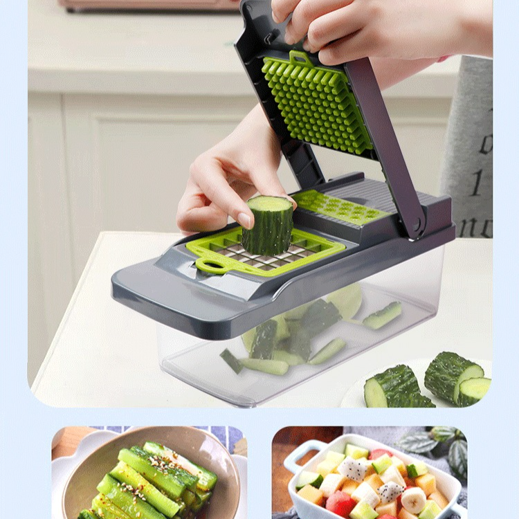 Kitchen Vegetable Slicer and Dicer, 15-Piece Set with Container, Safety Guard, Drain Basket, and Storage Box—Black