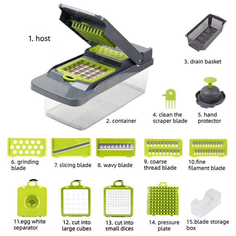 Kitchen Vegetable Slicer and Dicer, 15-Piece Set with Container, Safety Guard, Drain Basket, and Storage Box—Green