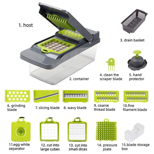 Kitchen Vegetable Slicer and Dicer, 15-Piece Set with Container, Safety Guard, Drain Basket, and Storage Box—Green