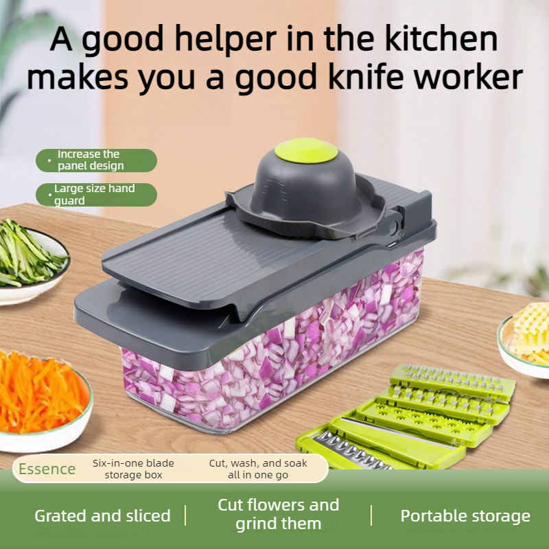 Kitchen Vegetable Slicer and Dicer, 15-Piece Set with Container, Safety Guard, Drain Basket, and Storage Box—Green
