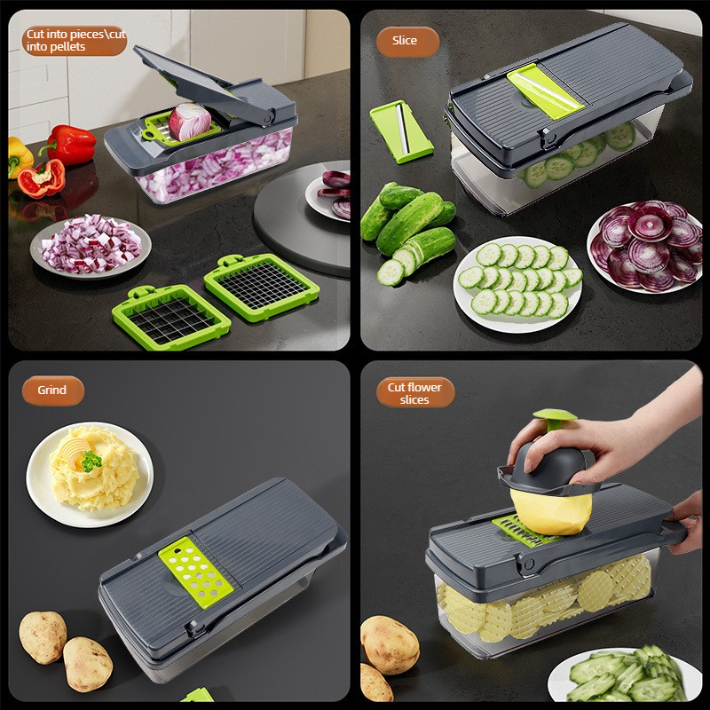 Kitchen Vegetable Slicer and Dicer, 15-Piece Set with Container, Safety Guard, Drain Basket, and Storage Box—Green
