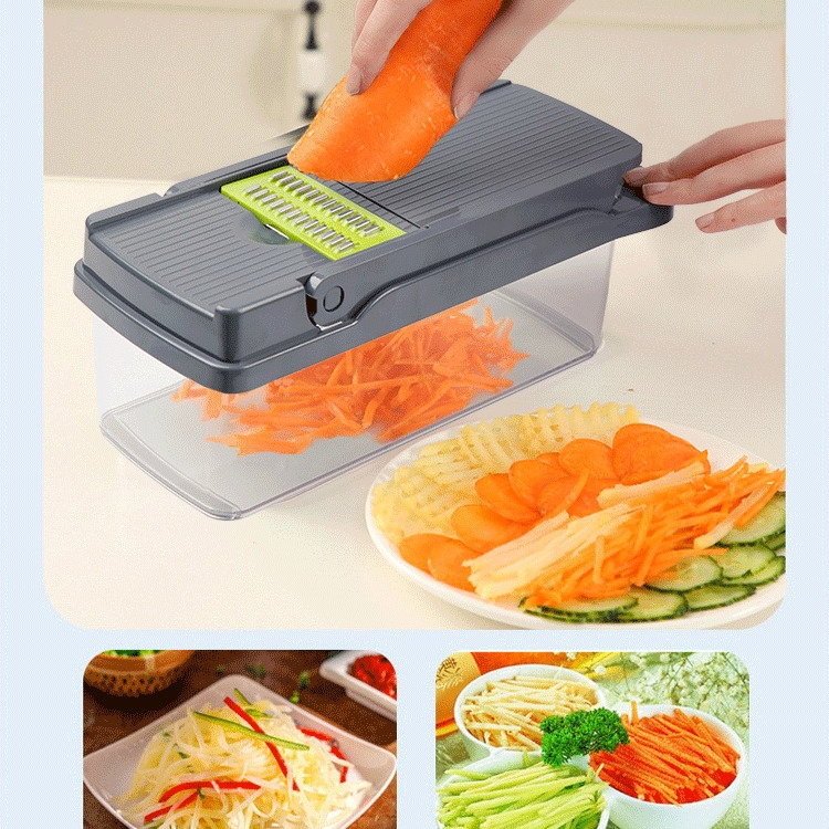 Kitchen Vegetable Slicer and Dicer, 15-Piece Set with Container, Safety Guard, Drain Basket, and Storage Box—Green