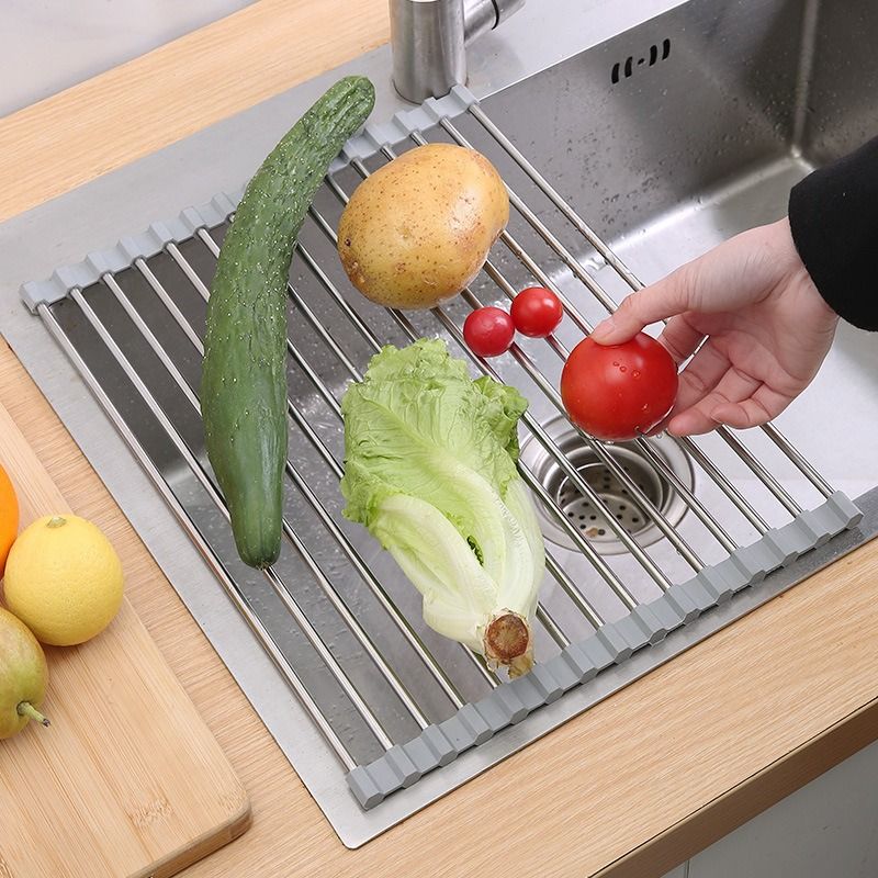 Roll Up Stainless Steel Sink Drying Rack, 47×35cm Multi-purpose Kitchen Sink Drain Mat with Non-slip TPE Edge for Fruits, Dishes