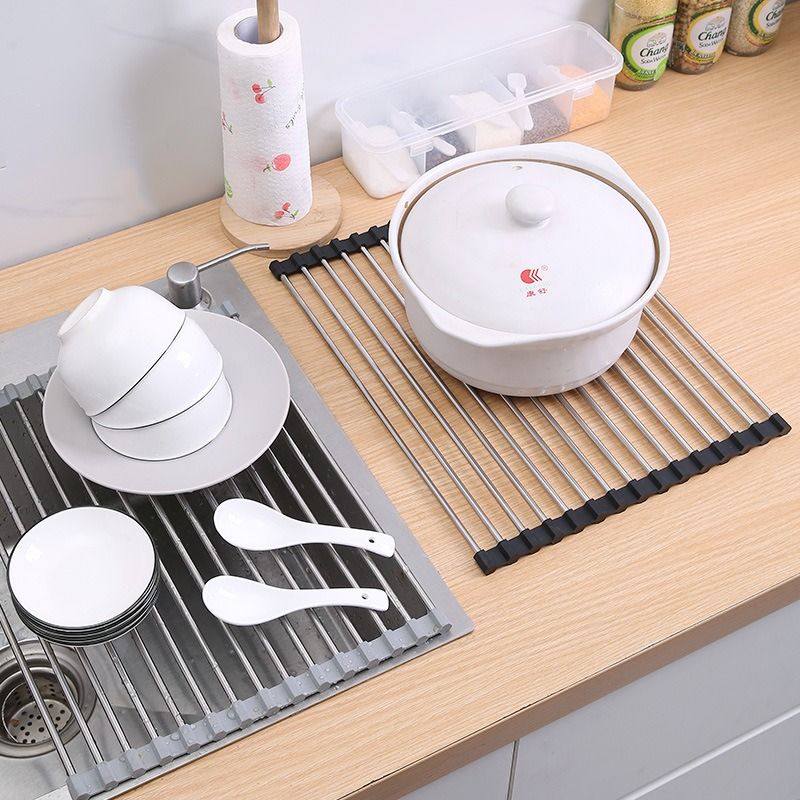 Roll Up Stainless Steel Sink Drying Rack, 47×35cm Multi-purpose Kitchen Sink Drain Mat with Non-slip TPE Edge for Fruits, Dishes