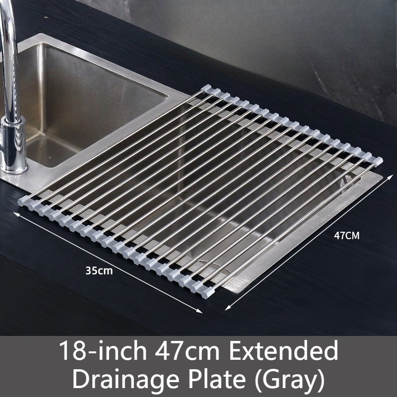 Roll Up Stainless Steel Sink Drying Rack, 47×35cm Multi-purpose Kitchen Sink Drain Mat with Non-slip TPE Edge for Fruits, Dishes