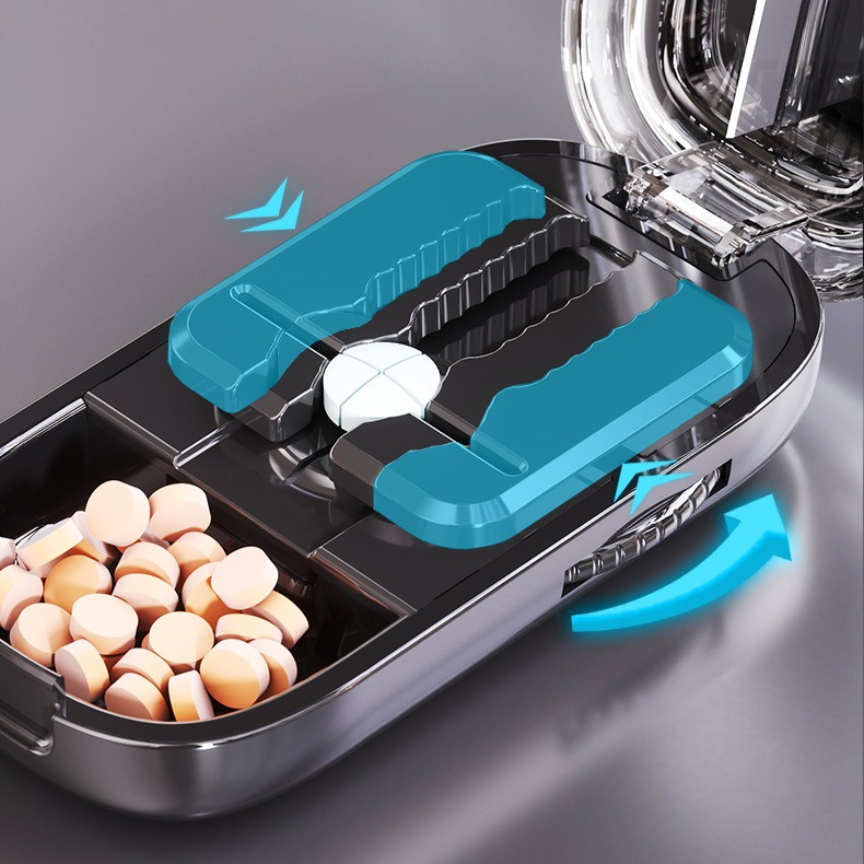 2-in-1 Pill Cutter with Storage Box, Adjustable Rotary Clip Pill Splitter for Halving and Quartering, Portable Travel Medicine Container for Various Tablet Sizes - White