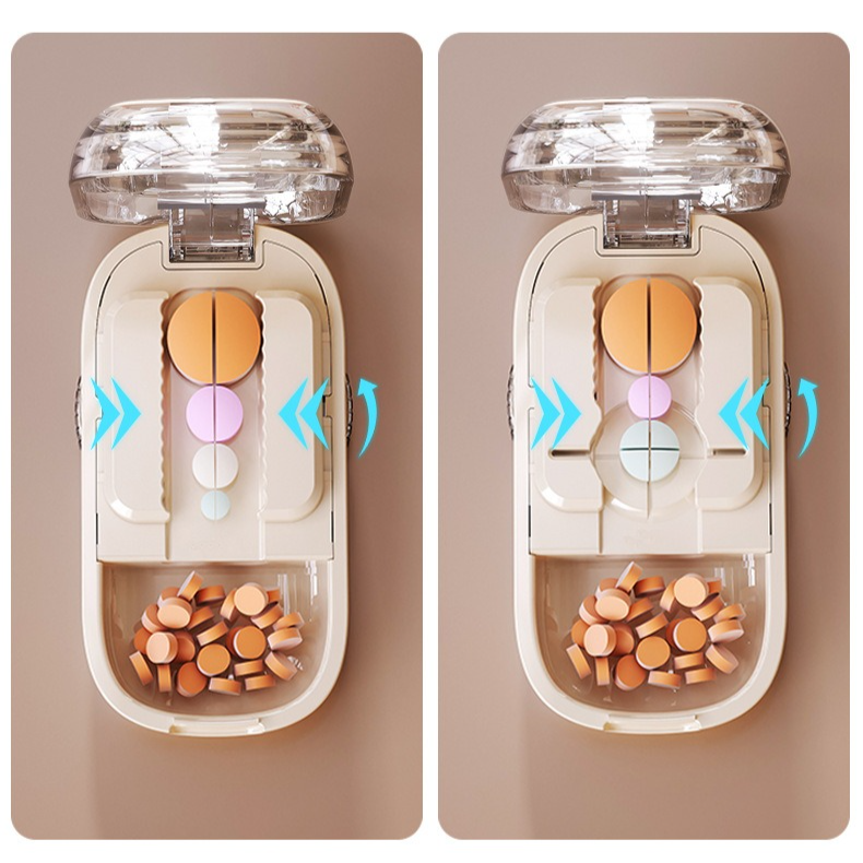 2-in-1 Pill Cutter with Storage Box, Adjustable Rotary Clip Pill Splitter for Halving and Quartering, Portable Travel Medicine Container for Various Tablet Sizes - White