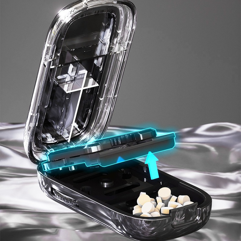 2-in-1 Pill Cutter with Storage Box, Adjustable Rotary Clip Pill Splitter for Halving and Quartering, Portable Travel Medicine Container for Various Tablet Sizes - Black