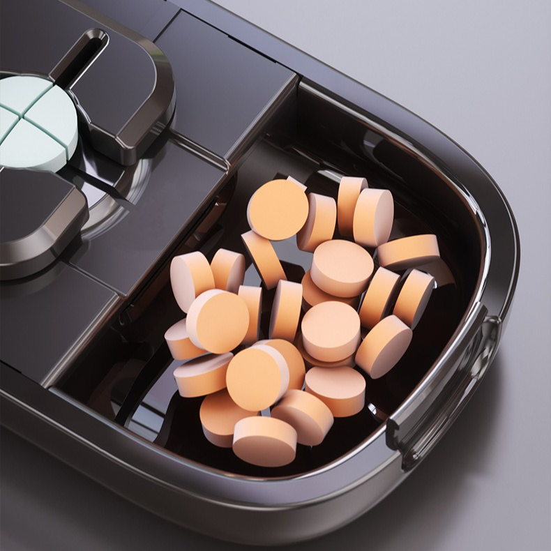 2-in-1 Pill Cutter with Storage Box, Adjustable Rotary Clip Pill Splitter for Halving and Quartering, Portable Travel Medicine Container for Various Tablet Sizes - Black