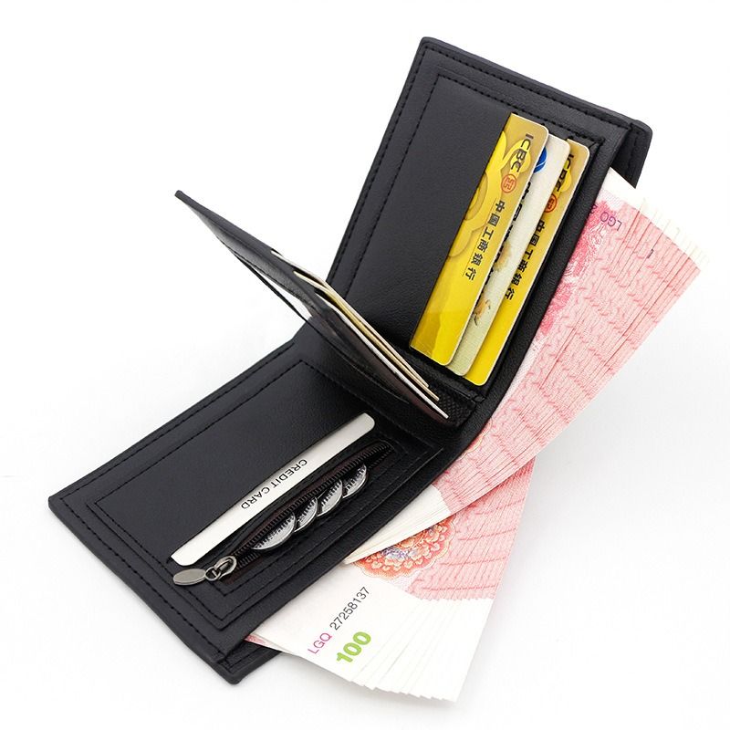 Men's Short Bifold PU Wallet, Geometric Embossed Billfold with Multiple Card Slots and Zipper Coin Pocket for Business, Casual, and Daily Use - Black
