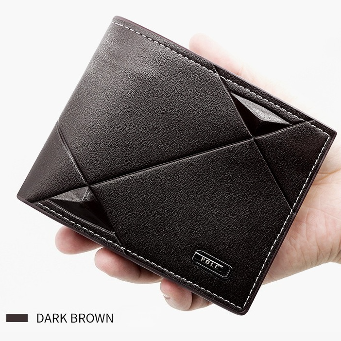 Men's Short Bifold PU Wallet, Geometric Embossed Billfold with Multiple Card Slots and Zipper Coin Pocket for Business and Casual Daily Use - Dark Brown