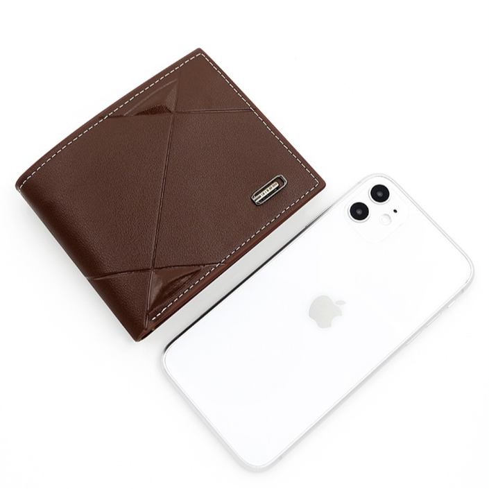 Men's Short Bifold PU Wallet, Geometric Embossed Billfold with Multiple Card Slots and Zipper Coin Pocket for Business and Casual Daily Use - Dark Brown