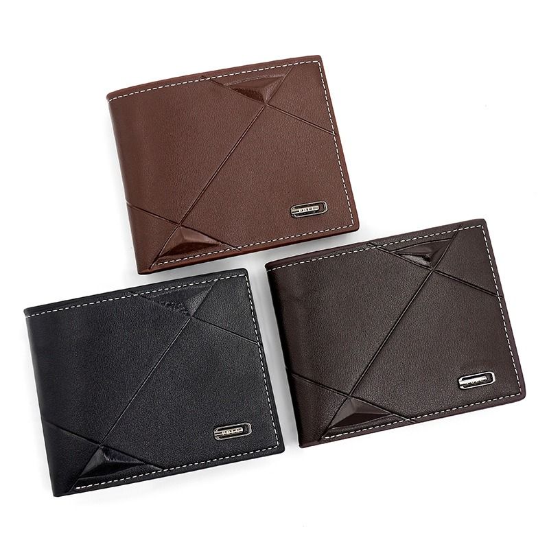 Men's Short Bifold PU Wallet, Geometric Embossed Billfold with Multiple Card Slots and Zipper Coin Pocket for Business and Casual Daily Use - Dark Brown