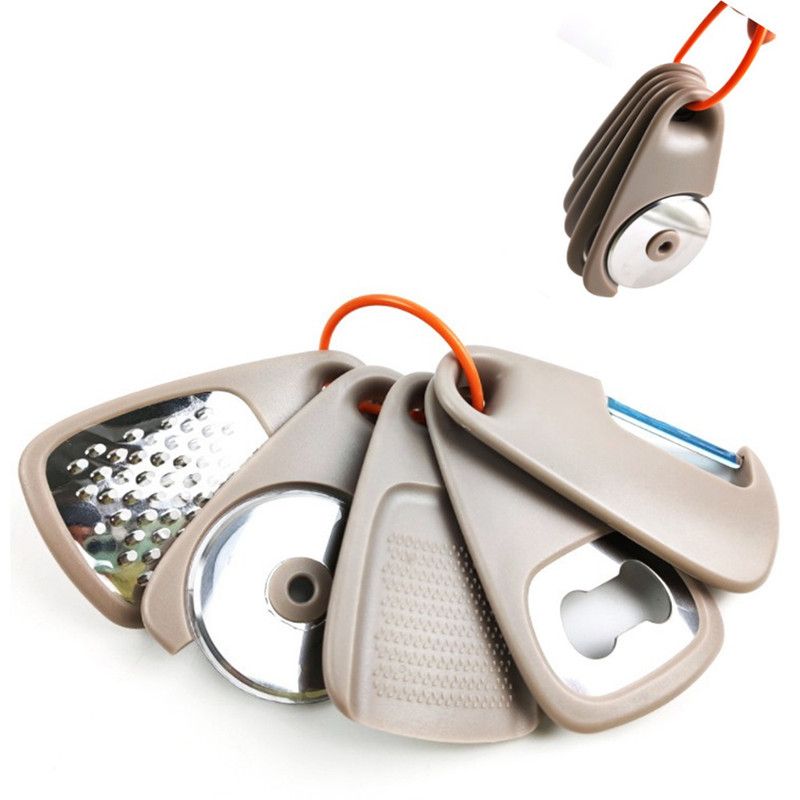 5 In 1 Portable Kitchen Gadget Set, Stainless Steel Pizza Cutter, Peeler, Cheese Grater, Garlic Grinder & Bottle Opener Multi-function Kitchen Tools(2-pack)
