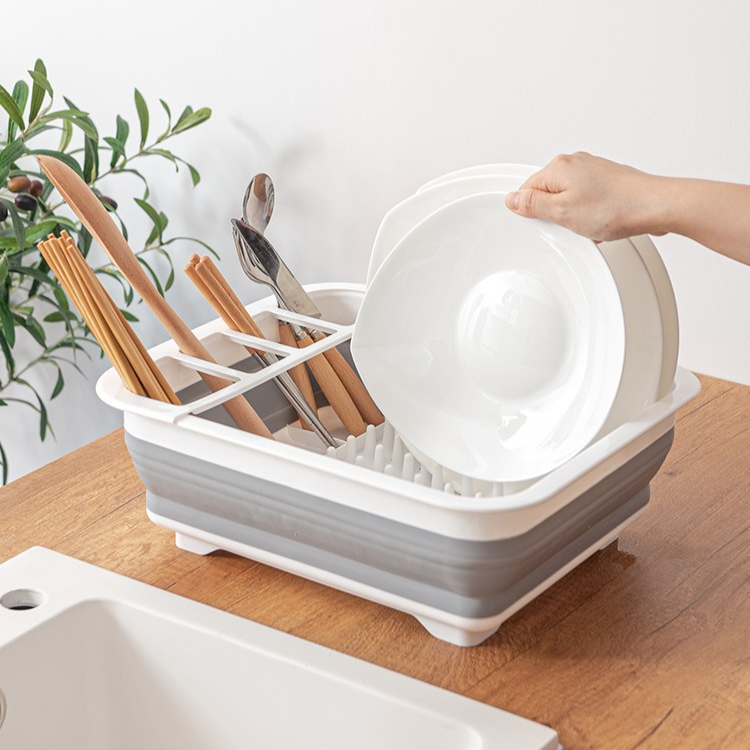 Multi Compartment Plastic Kitchen Utensil Holder, Foldable Dish Drain Basket for Bowl Plate Cup Chopsticks Storage