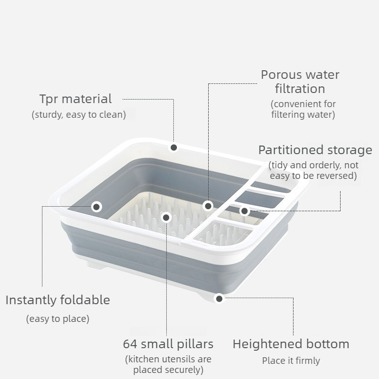 Multi Compartment Plastic Kitchen Utensil Holder, Foldable Dish Drain Basket for Bowl Plate Cup Chopsticks Storage