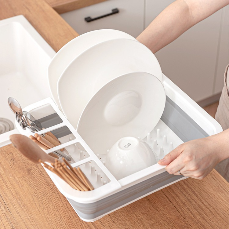 Multi Compartment Plastic Kitchen Utensil Holder, Foldable Dish Drain Basket for Bowl Plate Cup Chopsticks Storage