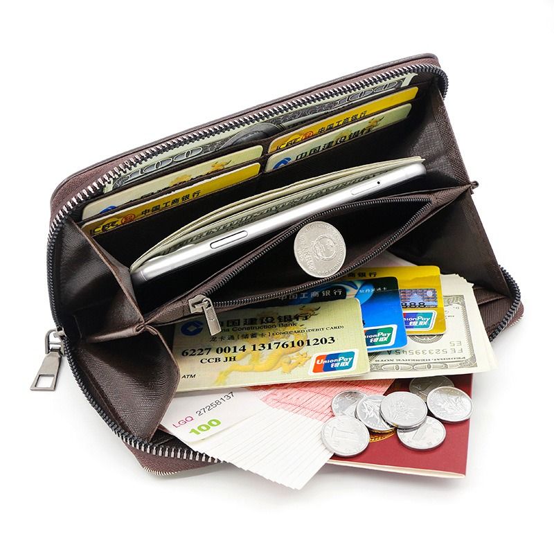Vintage PU Leather Long Wallet for Men, Zipper-Around Phone Clutch with Detachable Wrist Strap - Black