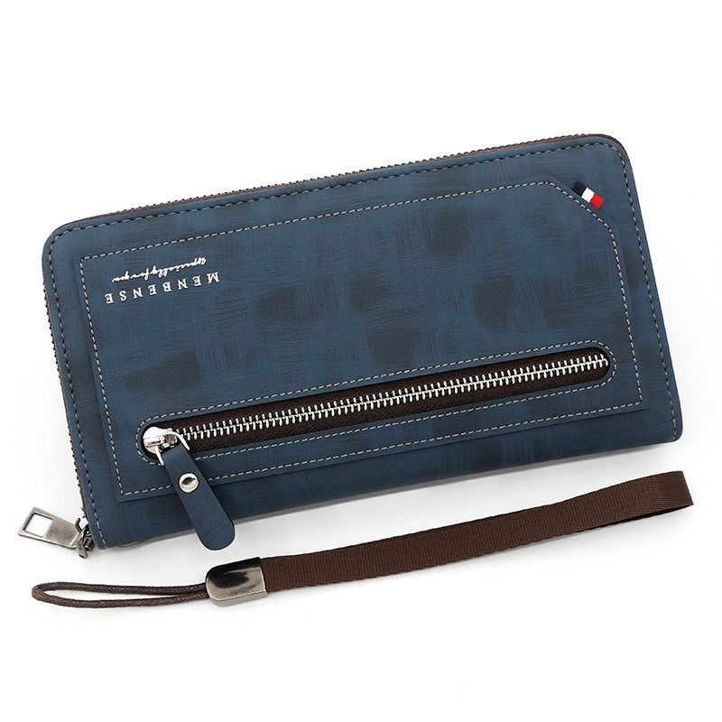 Vintage PU Leather Long Wallet for Men, Zipper-Around Phone Clutch Purse with Detachable Wrist Strap - Blue