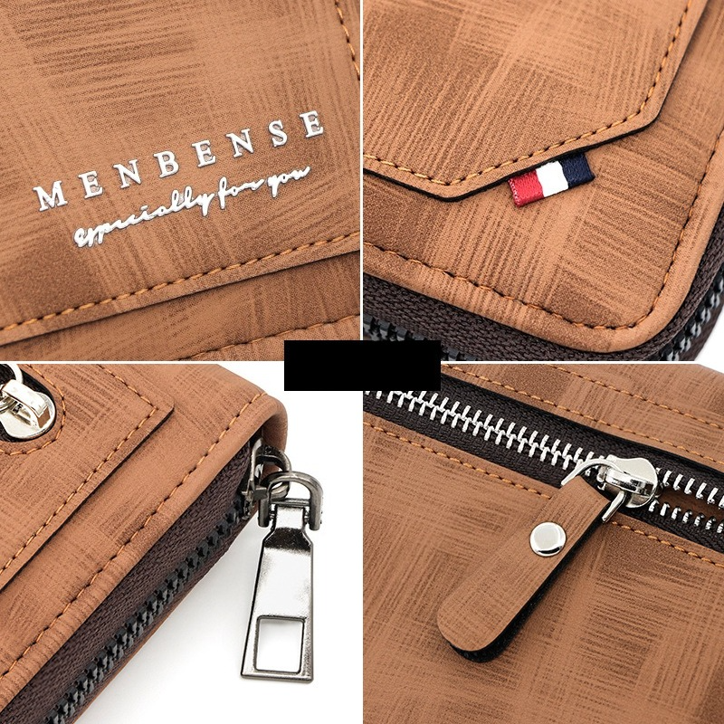 Vintage PU Leather Long Wallet for Men, Zipper-Around Phone Clutch with Detachable Wrist Strap - Light Brown