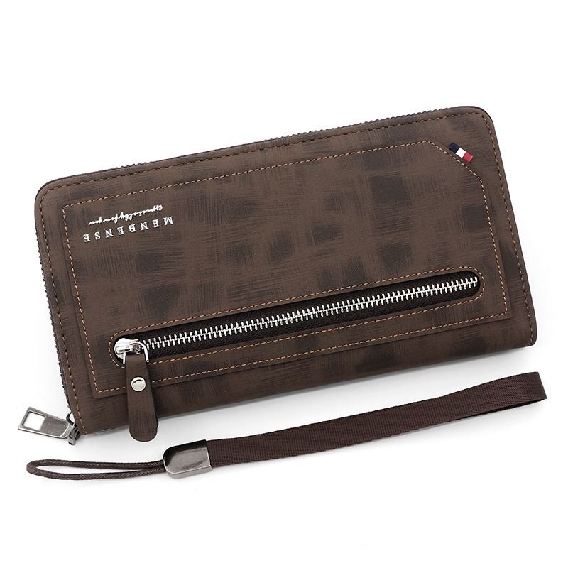 Vintage PU Leather Long Wallet for Men, Zipper-Around Phone Clutch with Detachable Wrist Strap - Dark Brown