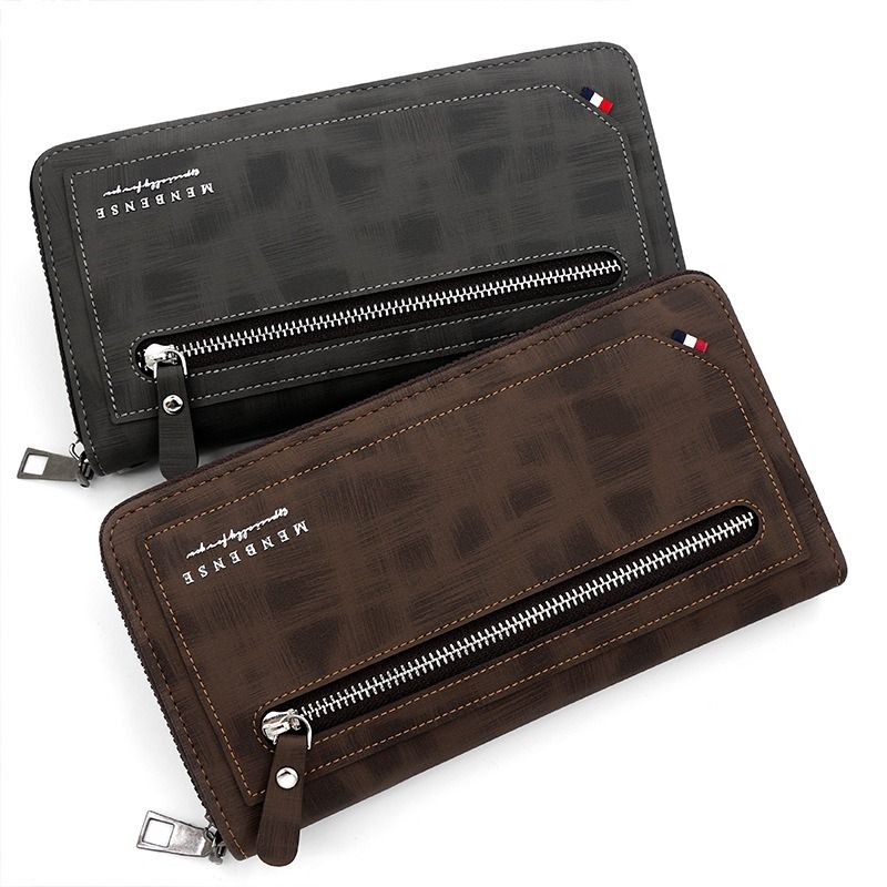 Vintage PU Leather Long Wallet for Men, Zipper-Around Phone Clutch with Detachable Wrist Strap - Dark Brown