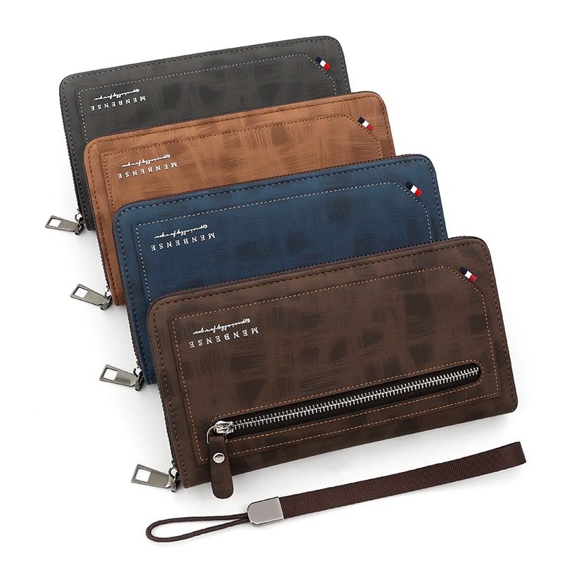 Vintage PU Leather Long Wallet for Men, Zipper-Around Phone Clutch with Detachable Wrist Strap - Dark Brown