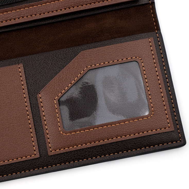 Men's Long Bifold PU Leather Wallet, Vintage Plaid Patchwork Business Card Holder with Zipper Coin Pocket & ID Photo Slot (Black)