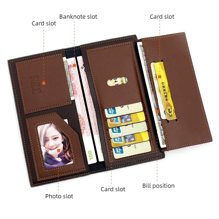 Men's Long Bifold PU Leather Wallet, Vintage Plaid Patchwork Business Card Holder with Zipper Coin Pocket & ID Photo Slot (Dark Brown)