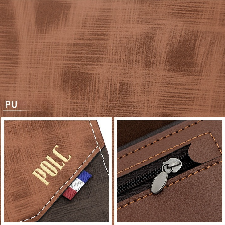 Men's Long Bifold PU Leather Wallet, Vintage Plaid Patchwork Business Card Holder with Zipper Coin Pocket & ID Photo Slot (Dark Brown)