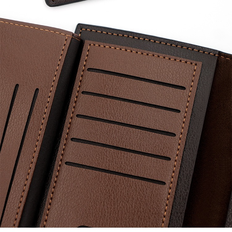 Men's Long Bifold PU Leather Wallet, Vintage Plaid Patchwork Business Card Holder with Zipper Coin Pocket & ID Photo Slot (Dark Brown)