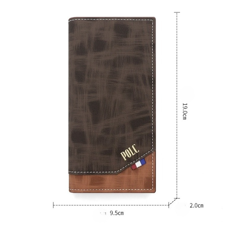 Men's Long Bifold PU Leather Wallet, Vintage Plaid Patchwork Business Card Holder with Zipper Coin Pocket & ID Photo Slot (Dark Brown)