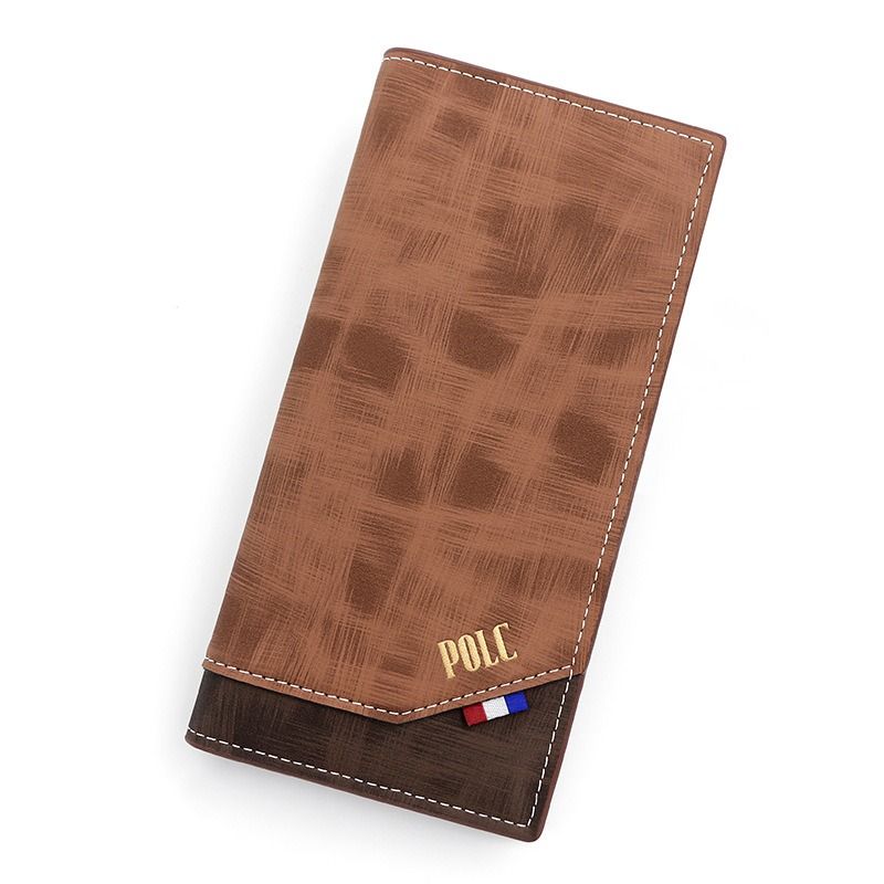 Men's Long Bifold PU Leather Wallet, Vintage Plaid Patchwork Business Card Holder with Zipper Coin Pocket & ID Photo Slot (Brown)