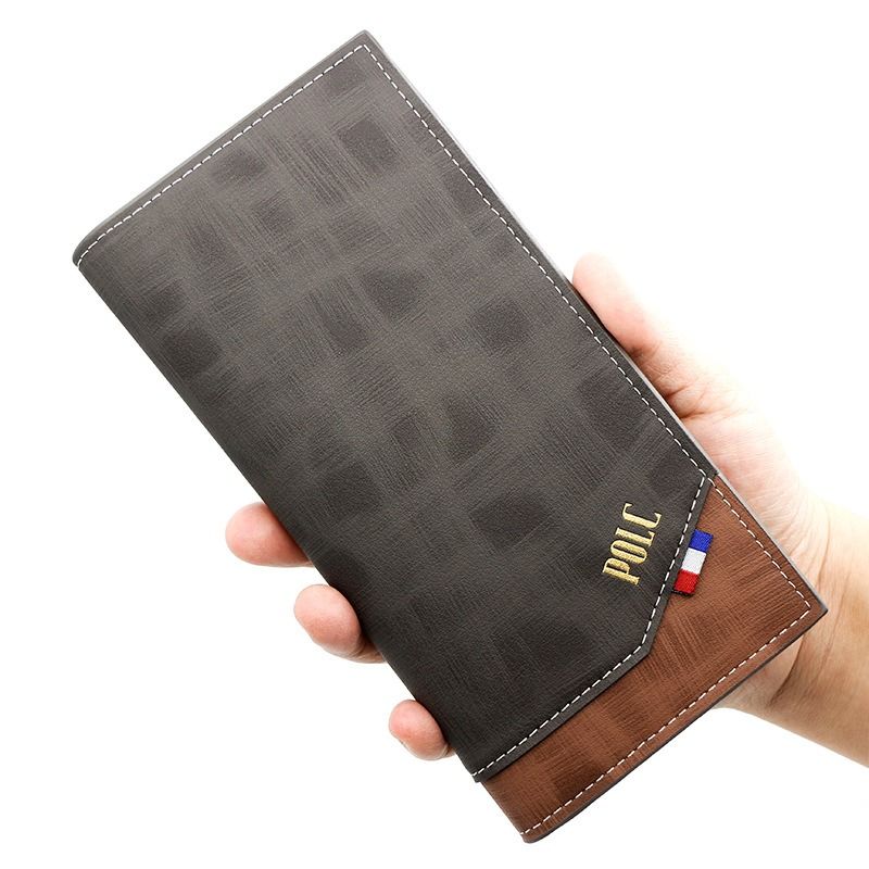Men's Long Bifold PU Leather Wallet, Vintage Plaid Patchwork Business Card Holder with Zipper Coin Pocket & ID Photo Slot (Brown)