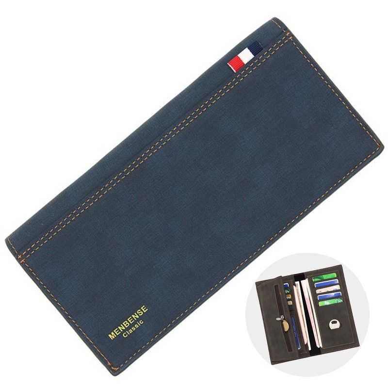 Men's Long Bifold PU Leather Wallet, Fabric-Textured Business Card Case with Zipper Coin Pocket, Multi-Card Slot Suit Pocket Purse for Daily Work and Travel (Blue)