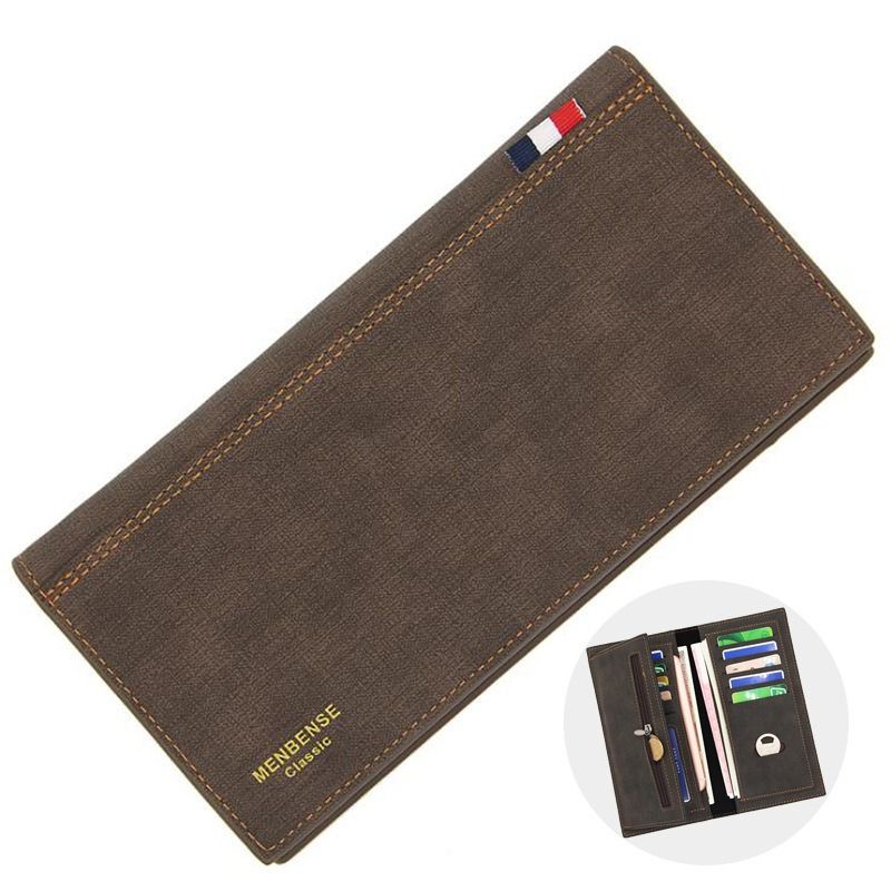 Men's Long Bifold PU Leather Wallet, Fabric-Textured Business Card Case with Zipper Coin Pocket, Multi-Card Slot Suit Pocket Purse for Daily Work and Travel (Dark Brown)