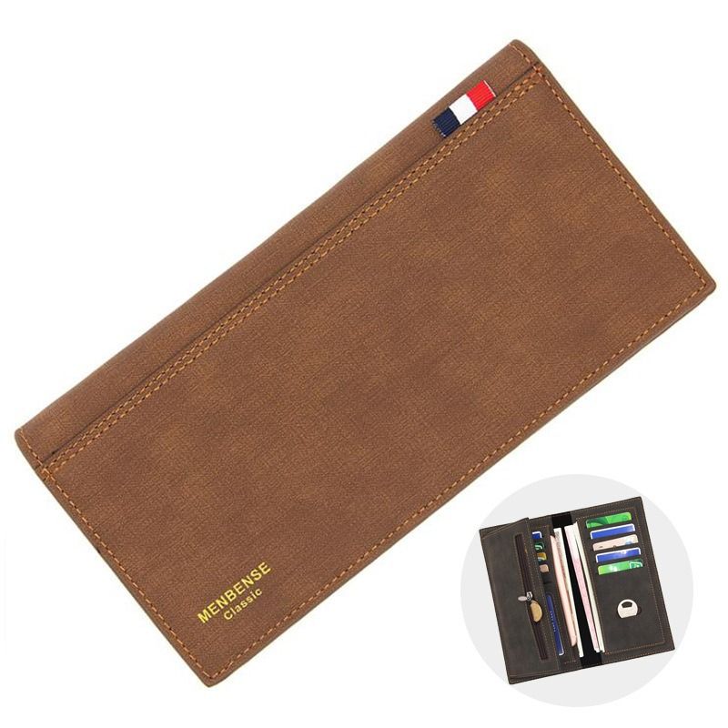 Men's Long Bifold PU Leather Wallet, Fabric-Textured Business Card Case with Zipper Coin Pocket, Multi-Card Slot Suit Pocket Purse for Daily Work and Travel (Brown)