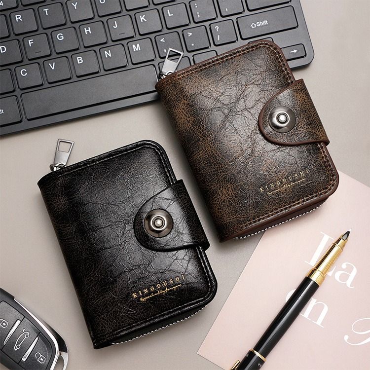 Vintage Waxed PU Leather Card Holder Wallet, Snap Button Zipper Coin Purse, Multi-Card Slot Mini Credit Card Case for Men and Women (Black)
