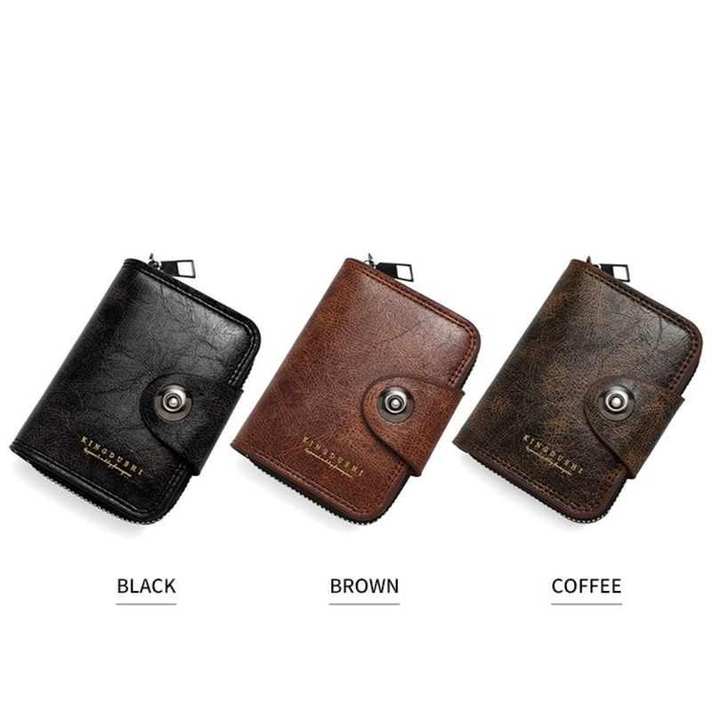 Vintage Waxed PU Leather Card Holder Wallet, Snap Button Zipper Coin Purse, Multi-Card Slot Mini Credit Card Case for Men and Women (Black)