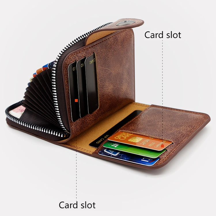 Vintage Waxed PU Leather Card Holder Wallet, Snap Button Zipper Coin Purse, Multi-Card Slot Mini Credit Card Case for Men and Women (Dark Brown)
